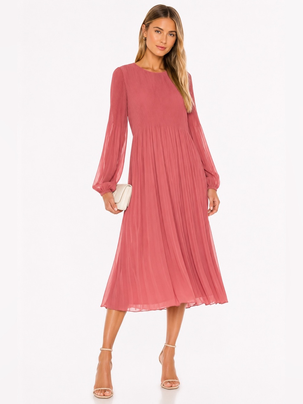 aritzia wilfred Pleated Long Sleeve Midi Dress in Dusty Rose